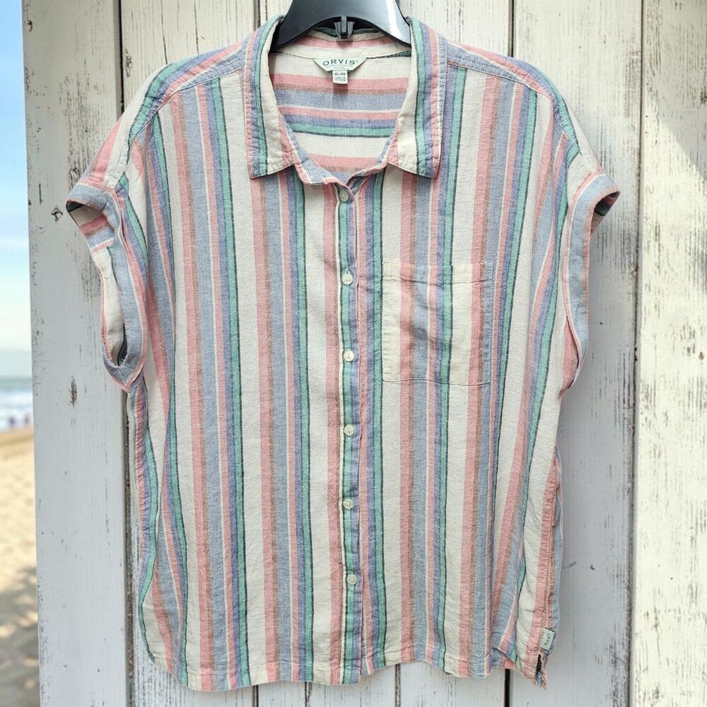 Orvis Linen Blend Shirt Womens XL Striped Cuffed Cap Sleeves Casual Preppy